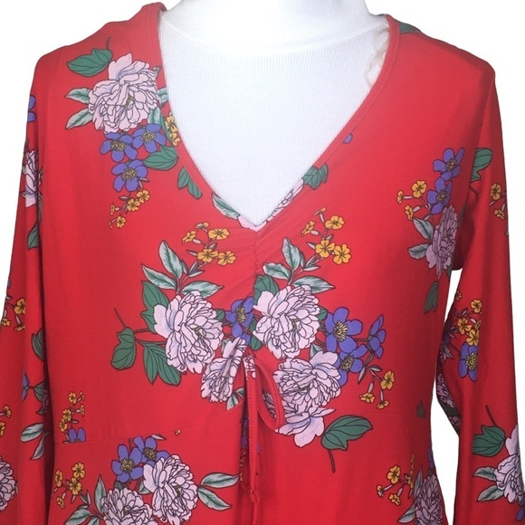 Bobbie Brooks Soft Plus Size Red Floral Dress 1X Rushed V neck - Picture 3 of 8